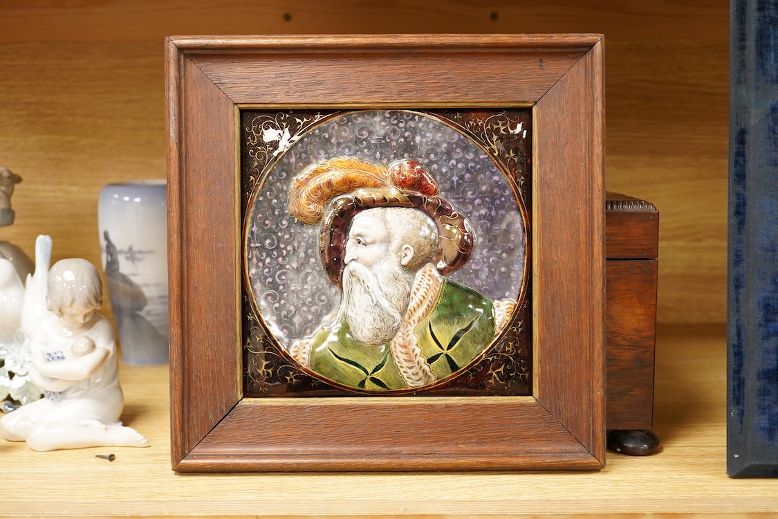 Alfred Boilot (1814-1898), A profile portrait of a bearded nobleman, enamels on copper, framed, 20cm square